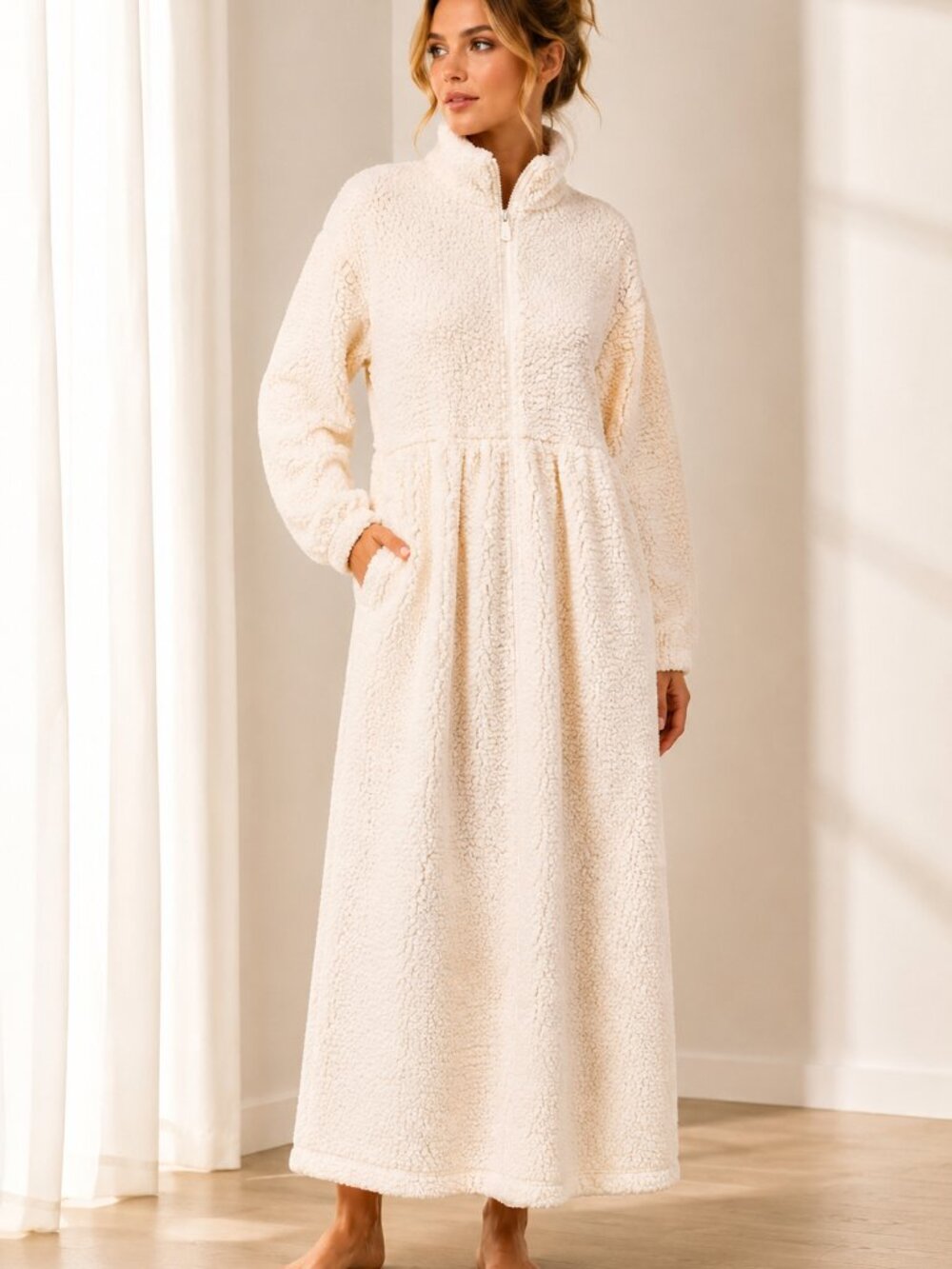 Stan Herman Plush Zip Front Long Robe Ivory Cream Large Pockets